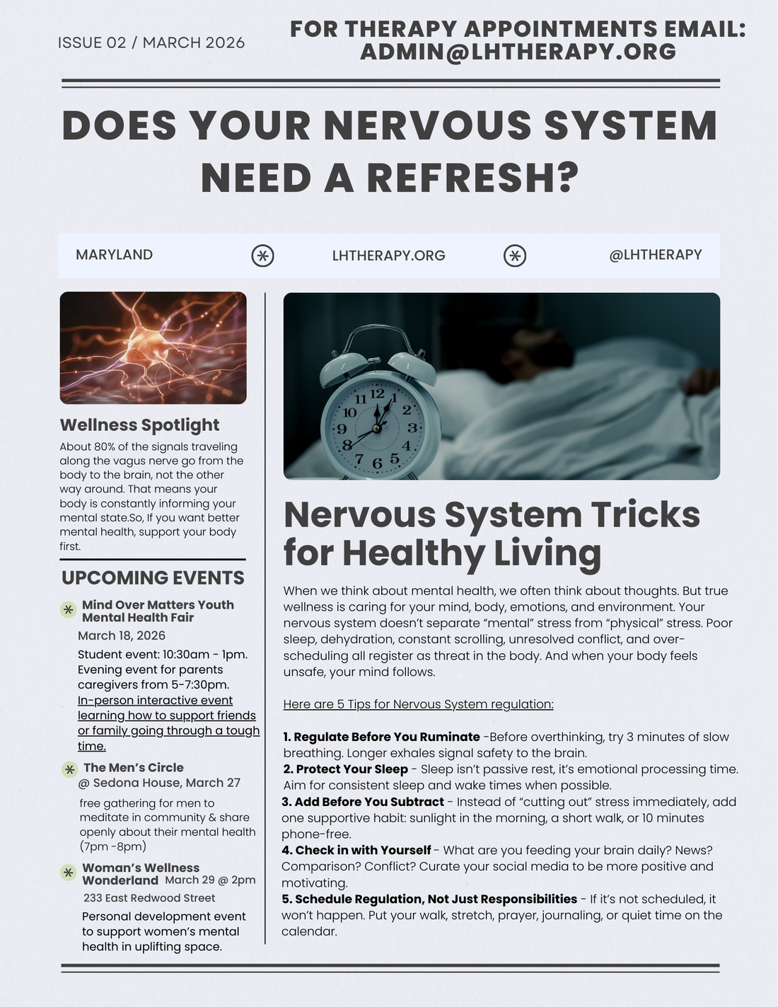 LionHeart Therapy March newsletter graphic about nervous system regulation, including sleep imagery, wellness spotlight, and mental health tips for Maryland clients