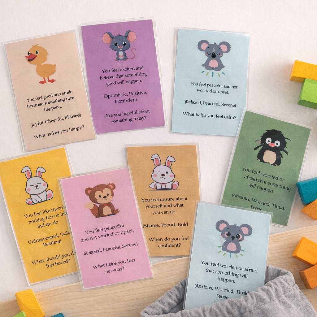 Emotion flashcards with colorful illustrations and text on a wooden surface with toys.