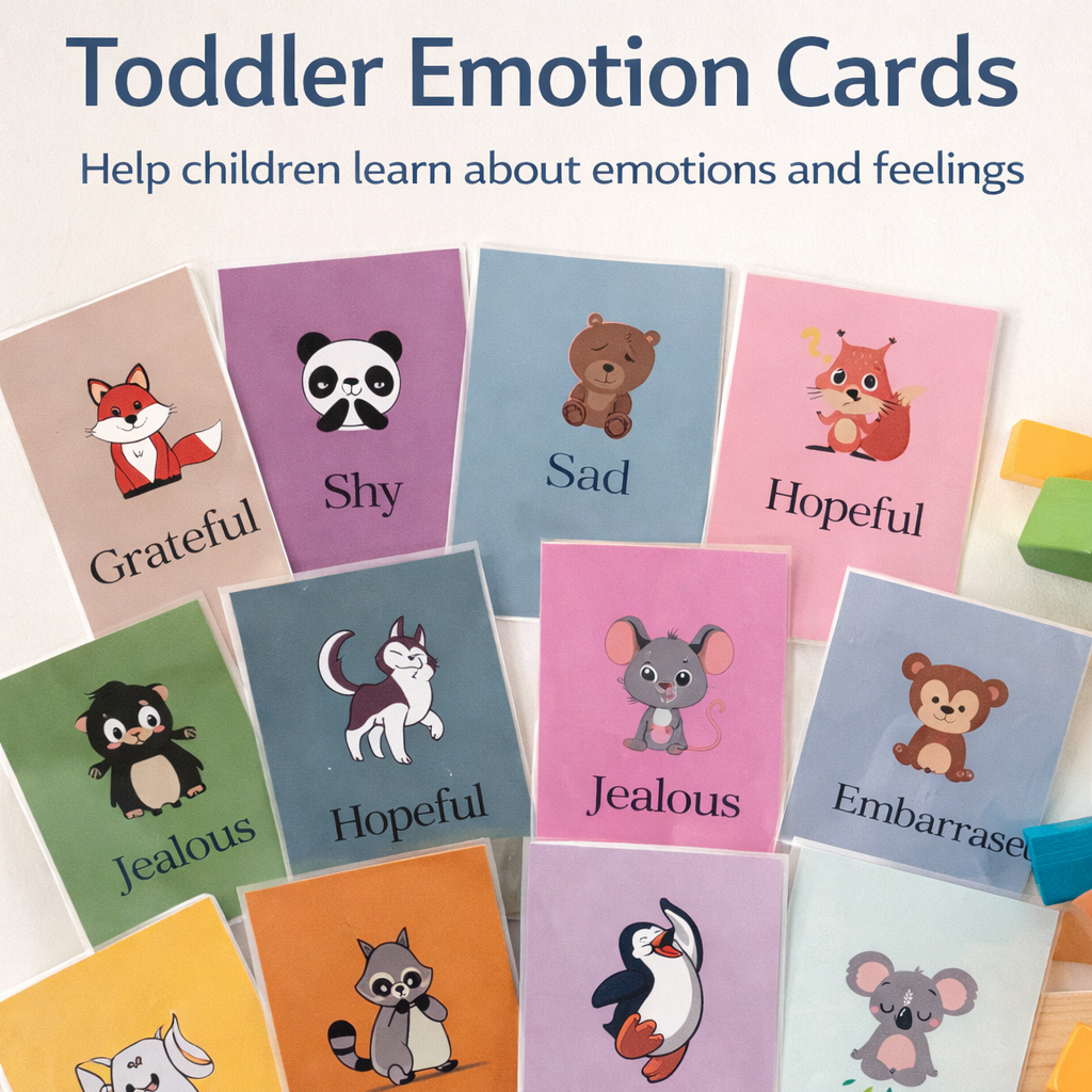Set of toddler emotion cards with animal illustrations and labels on a white background