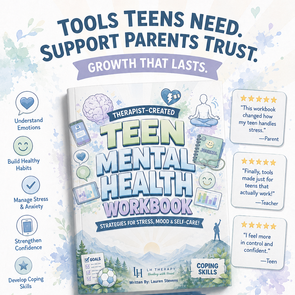 Promotional graphic for a Teen Mental Health Workbook with a blue and green nature-themed background.