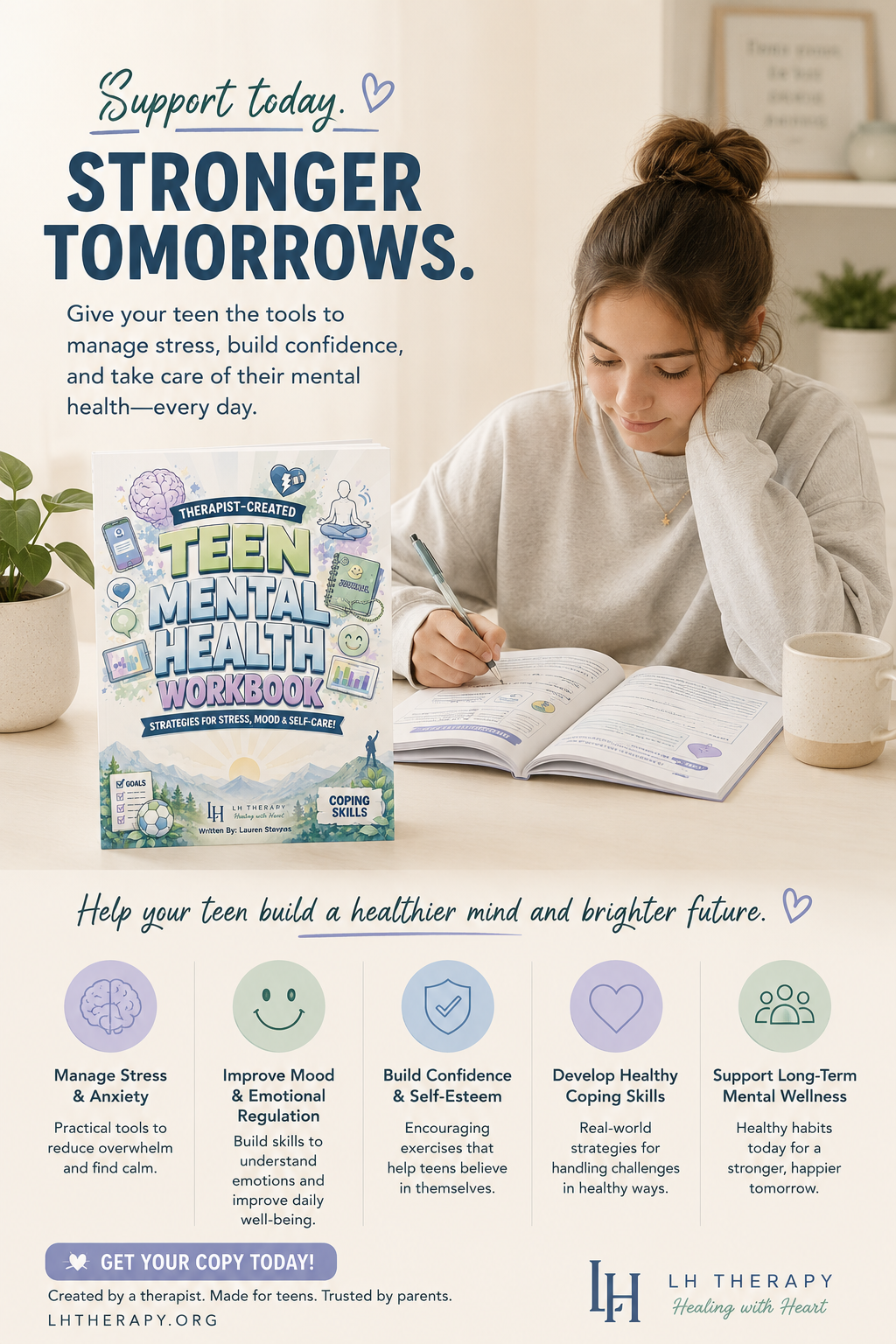 Teen girl reading a book with a Teen Mental Health Workbook on a table, surrounded by plants and decor.